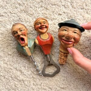 Vintage hand-carved wine stopper and bottle opener set | Collectible Folk Art
